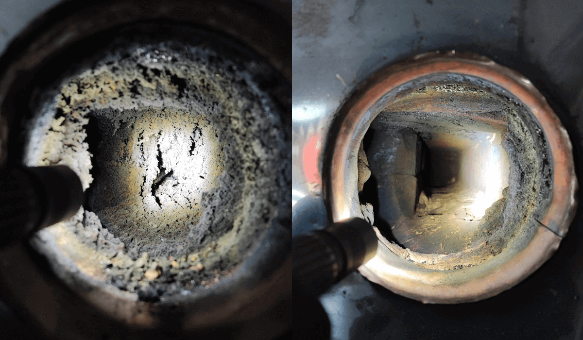 Ennen ja jälkeen nuohouksen -kuvat hormista