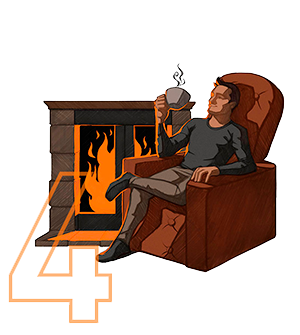 Asiakas istumassa takkatulen ääressä nuohouksen jälkeen.